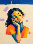Portret, hand bij het gezicht, olieverf in donker fel koraal, schilderachtig olieverf schilderij, portret, hand bij het ge...