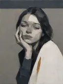 Portret, hand bij het gezicht, olieverf in donker houtskool, schilderachtig olieverf schilderij, portret, hand bij het gez...