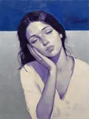 Portret, hand bij het gezicht, olieverf in donker kobalt en violet, schilderachtig olieverf schilderij, portret, hand bij...