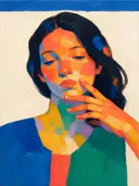 Portret, hand bij het gezicht, olieverf in fel koraal, schilderachtig olieverf schilderij, portret, hand bij het gezicht o...