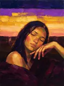 Portret, hand bij het gezicht, olieverf in gouden uur, schilderachtig olieverf schilderij, portret, hand bij het gezicht o...