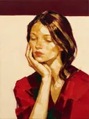 Schilderachtig olieverf schilderij, portret, hand bij het gezicht in granaatappel