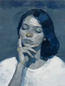 Portret, hand bij het gezicht, olieverf in inkt en steen, schilderachtig olieverf schilderij, portret, hand bij het gezich...