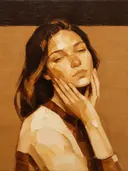 Schilderachtig olieverf schilderij, portret, hand bij het gezicht in kaneel en karamel