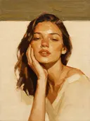 Schilderachtig olieverf schilderij, portret, hand bij het gezicht in karamel