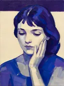 Portret, hand bij het gezicht, olieverf in kobalt en violet, schilderachtig olieverf schilderij, portret, hand bij het gez...