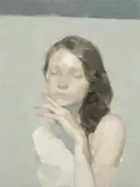 Schilderachtig olieverf schilderij, portret, hand bij het gezicht in mist
