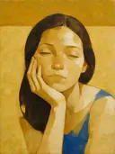 Portret, hand bij het gezicht, olieverf in mosterd en kobalt, schilderachtig olieverf schilderij, portret, hand bij het ge...