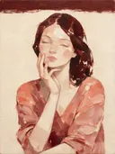 Portret, hand bij het gezicht, olieverf in oud roze, schilderachtig olieverf schilderij, portret, hand bij het gezicht op...