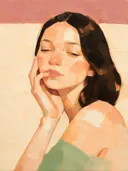 Schilderachtig olieverf schilderij, portret, hand bij het gezicht in perzik en abrikoos