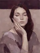 Schilderachtig olieverf schilderij, portret, hand bij het gezicht in pruim
