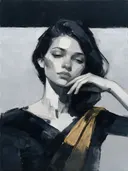 Schilderachtig olieverf schilderij, portret, hand bij het gezicht in ravenzwart en parelmoer