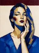 Schilderachtig olieverf schilderij, portret, hand bij het gezicht in royal blauw