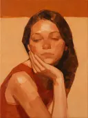 Portret, hand bij het gezicht, olieverf in terracotta, schilderachtig olieverf schilderij, portret, hand bij het gezicht o...
