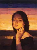Portret, hand bij het gezicht, olieverf in warm gouden uur, schilderachtig olieverf schilderij, portret, hand bij het gezi...