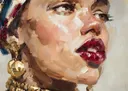 Close-up portret van een vrouw met rood-gouden hoofddoek en gouden oorbel