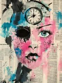 Surrealistisch portret van een gezicht naast een antieke klok in roze en blauw