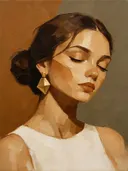 Portret met gesloten ogen, olieverf in diep karamel, schilderachtig olieverf schilderij, portret met gesloten ogen