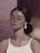 Portret met gesloten ogen, olieverf in diep pruim, schilderachtig olieverf schilderij, portret met gesloten ogen