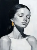 Portret met gesloten ogen, olieverf in diep ravenzwart en parelmoer, schilderachtig olieverf schilderij, portret met geslo...