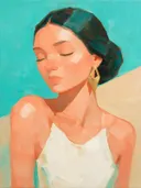 Portret met gesloten ogen, olieverf in diep turkoois en zand, schilderachtig olieverf schilderij, portret met gesloten oge...