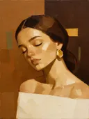 Portret met gesloten ogen, olieverf in karamel, schilderachtig olieverf schilderij, portret met gesloten ogen