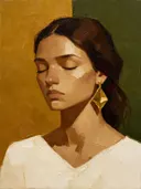 Schilderachtig olieverf schilderij, portret met gesloten ogen in kastanje en goud
