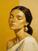 Portret met gesloten ogen, olieverf in mosterd en oker, vrouwen schilderij