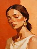 Schilderachtig olieverf schilderij, portret met gesloten ogen in terracotta