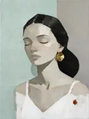 Schilderachtig olieverf schilderij, portret met gesloten ogen in zeegroen