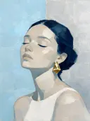 Schilderachtig olieverf schilderij, portret met gesloten ogen in zilver en ijsblauw