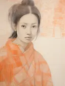 Schetsmatig portret van vrouw in oranje geruite mantel.