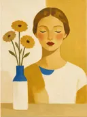 Schilderij: portret vaas in vlakken, mosterd en kobaltblauw