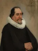 Portret van Abraham de Potter, zijdelakenkoopman in Amsterdam van Carel Fabritius: portret met man, molensteenkraag, zwarte mantel en baard, in gedempt grijsbruin