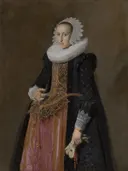 Portret van Aletta Hanemans (1606-1653) van Frans Hals: portret met vrouw, molensteenkraag, zwarte jurk en kanten muts, in zwart met wit en goud