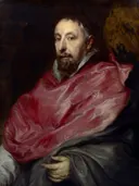 Portret van Anton Triest, bisschop van Gent (1577-1657) van Anthony van Dyck: portret met man, bisschop, rode mantel en zittend, in rood met donkerbruin