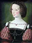 Portret van Beatrix Pacheco, gravin van Entremont, Kring van Jean Clouet: portret met vrouw en bomen