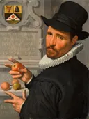 Portret van Cornelis Cornelisz. Schellinger (1551-1635) van Pieter Pietersz the Elder: portret met man, hoed, kraag en appel, in zwart met grijs