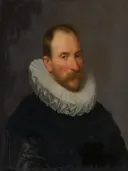 Portret van Cornelis van Aerssen (1545-1627), klerk bij de Staten-Generaal van Michiel Jansz. van Mierevelt: portret met man, molensteenkraag, baard en zwart kostuum, in donker met wit