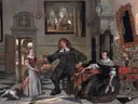 Portret van de familie De Graeff in een interieur van Emanuel de Witte: portret met binnenkamer, kerktoren en fruit