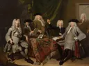 Portret van de inspecteurs van het Collegium Medicum van Cornelis Troost: figuren met mannen, pruiken, tafel en vergadering, in warm rood en grijs