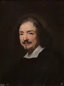 Portret van de schilder van Andrea Sacchi (1599-1661) van Carlo Maratta: portret met man, snor, kraag en donkere jas, in donker bruin
