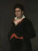 Portret van Don Ramón Satué (1765 1824) van Francisco Goya: portret met man, zwarte jas, staand en rood vest, in donker met rood
