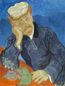 Portret van Dr. Gachet van Vincent van Gogh: portret met man, witte muts, blauwe jas en tafel, in diep blauw met oranje