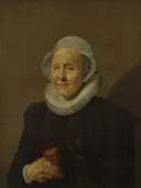 Portret van een 56-jaar oude vrouw van Frans Hals: portret met oude vrouw, kap, boek en kraag, in warm bruin met wit