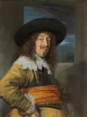 Portret van een cavalier van Frans Hals: portret met man, brede hoed, oranje sjerp en snor, in okergeel en zwart