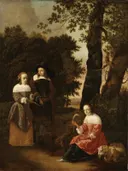 Portret van een echtpaar in een landschap met een herderin, Toegeschreven aan Hendrick van der Burgh: landschap met bomen, mannen en vrouwen