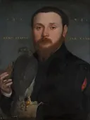 Portret van een edelman met havik van Hans Holbein the Younger: portret met man, valk, vogel en valkenier, in donker met blauw