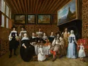 Portret van een familie in een interieur met schilderijen van Gillis van Tilborgh: figuren met familie, kamer, kinderen en schilderijen, in warm bruin met zwart en wit