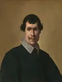 Portret van een heer van Carlo Ceresa: portret met man, witte kraag, zwarte kleding en jong, in donker groen en beige